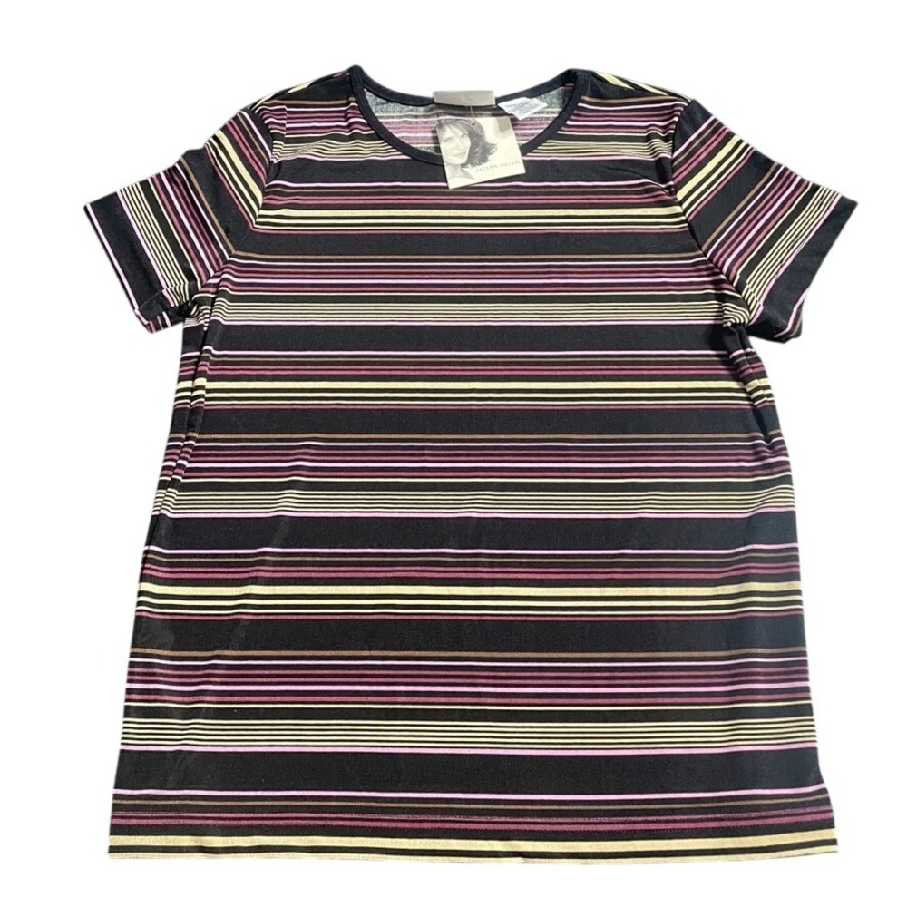 Jaclyn Smith Womens Striped Slinky Knit T Shirt Top Black‎ Pink Yellow Small